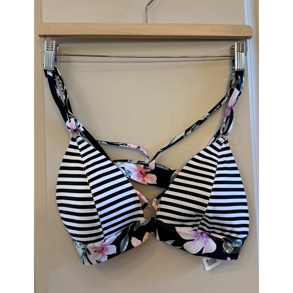 PINK Victoria's Secret NWOT Bonded Bikini Top Floral Stripe Mixed Print Size L